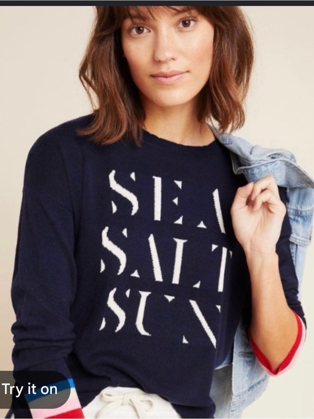 Sundry Navy Crewneck Sweater with White 'SEA SALT SUN' Graphic